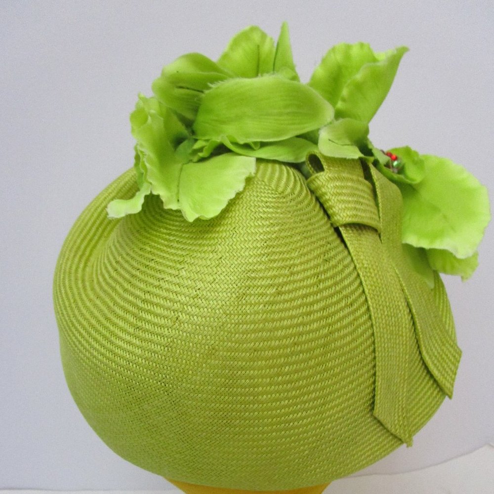 Jack McConnell Chartreuse Straw Hat Molded Torque Silk Orchid Church Percher - Picture 4 of 8